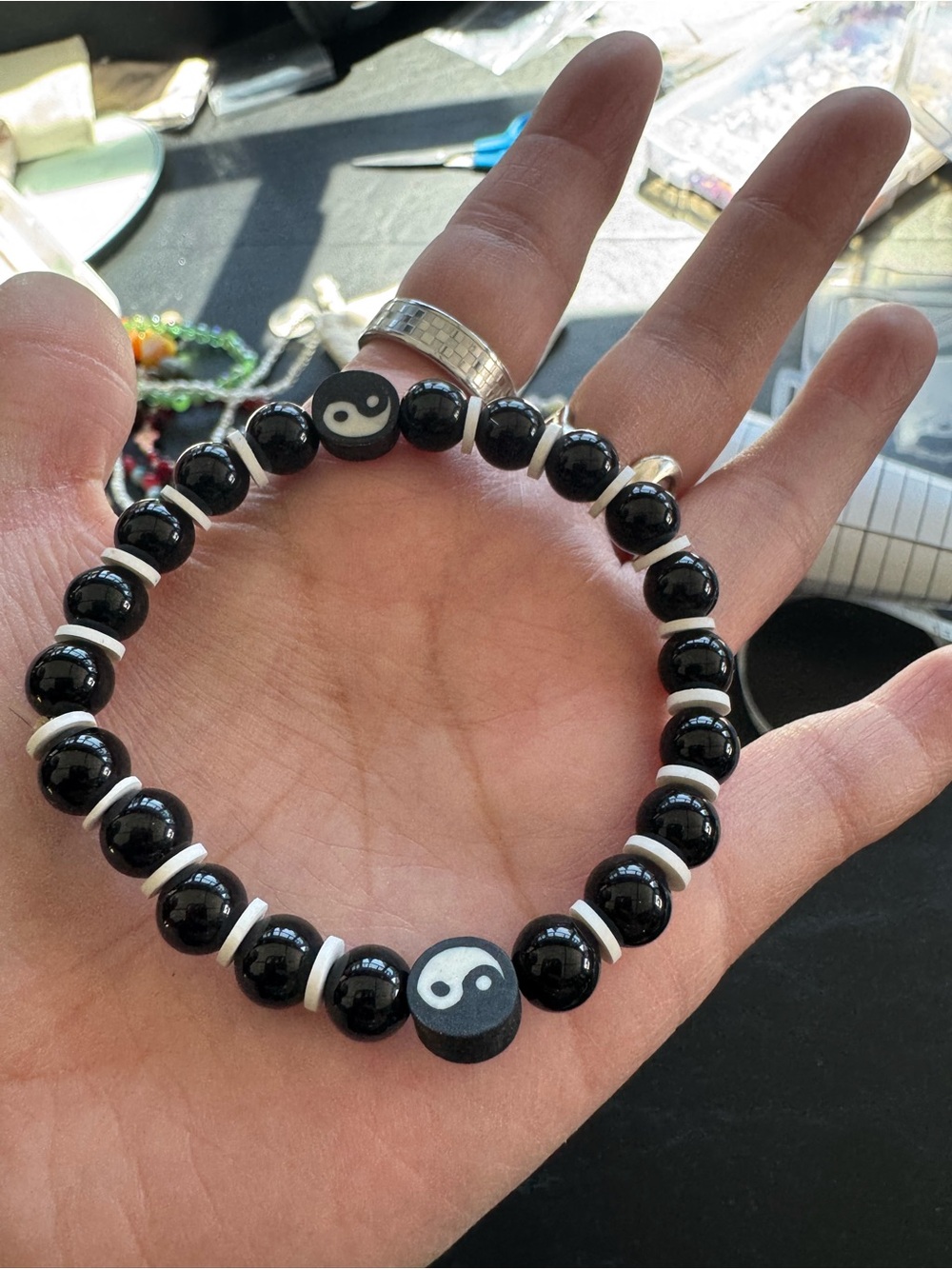 Black Yin Yang Beaded Stretch Bracelet - Women